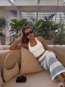 Glamine Charm Contrast Color Striped Fishnet Knit Midi Skirt, Hollow Out Fitted Bodycon Straight Waist Vacation Long Skirt - Blue - View 8