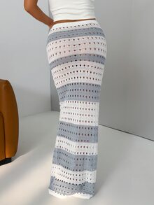 Glamine Charm Contrast Color Striped Fishnet Knit Midi Skirt, Hollow Out Fitted Bodycon Straight Waist Vacation Long Skirt - Blue - View 3