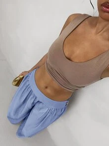 Glamine 復古夏威夷低腰寬腿裙褲 垂墜顯瘦休閒女款長褲 適合海灘早午餐 矢車菊藍 秋季 - 淺藍色 - 查看 5