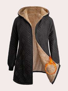 Reflora Plus Size Women's Elegant Black Padded Coat With Light Khaki Lining And Pocket Winter - Black - View 7