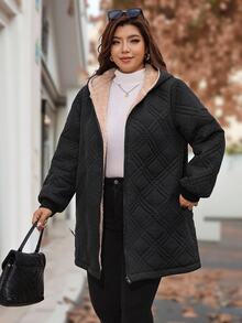 Reflora Plus Size Women's Elegant Black Padded Coat With Light Khaki Lining And Pocket Winter - Black - View 5