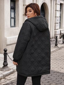 Reflora Plus Size Women's Elegant Black Padded Coat With Light Khaki Lining And Pocket Winter - Black - View 2