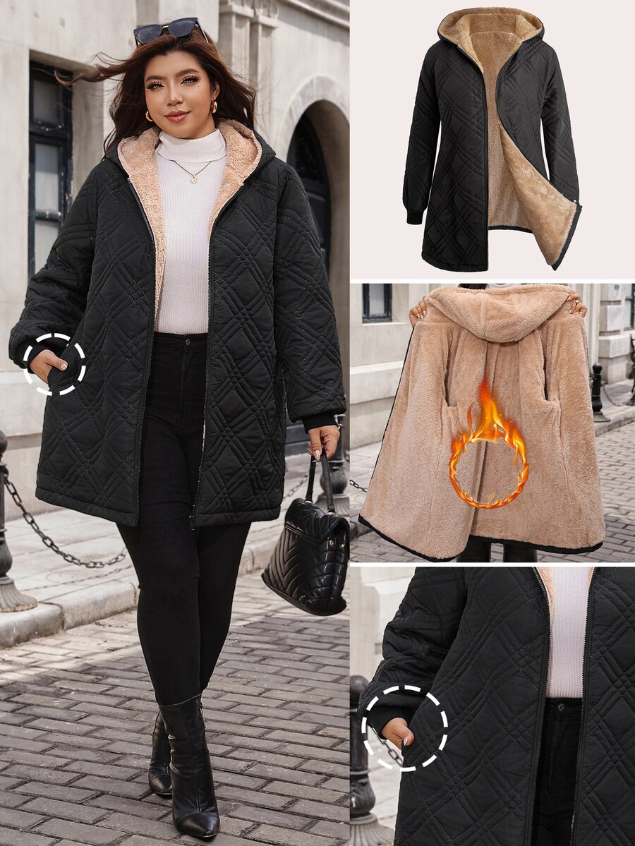 Reflora Plus Size Women's Elegant Black Padded Coat With Light Khaki Lining And Pocket Winter - Black - View 1