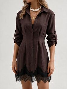 SHEIN Clasi 女款秋冬時尚百搭通勤花卉印花襯衫洋裝 - 棕色 - 查看 5
