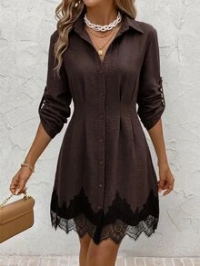 SHEIN Clasi 女款秋冬時尚百搭通勤花卉印花襯衫洋裝 - 棕色 - 查看 7