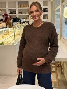 SHEIN Maternity Solid Color Round Neck Drop Shoulder Long Sleeve Casual Sweater - Brown - View 2