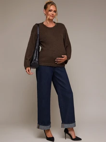 SHEIN Maternity Solid Color Round Neck Drop Shoulder Long Sleeve Casual Sweater - Brown - View 3
