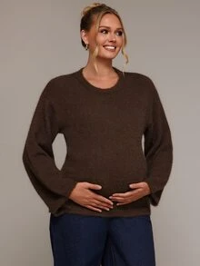 SHEIN Maternity Solid Color Round Neck Drop Shoulder Long Sleeve Casual Sweater - Brown - View 7