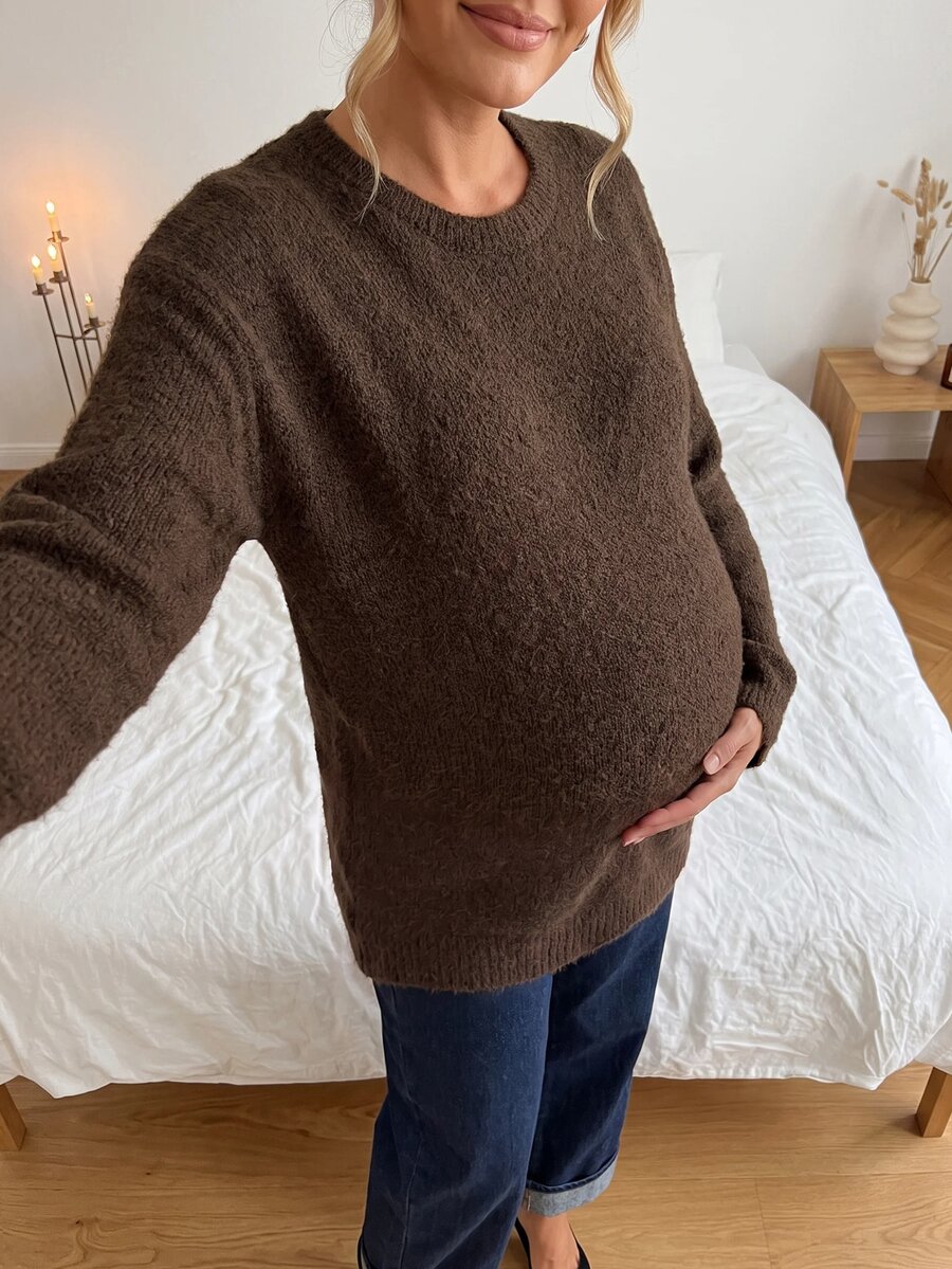 SHEIN Maternity Solid Color Round Neck Drop Shoulder Long Sleeve Casual Sweater - Brown - View 1