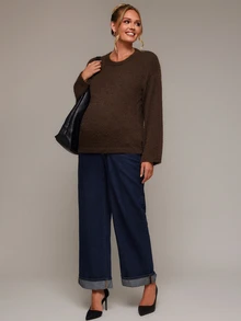 SHEIN Maternity Solid Color Round Neck Drop Shoulder Long Sleeve Casual Sweater - Brown - View 5