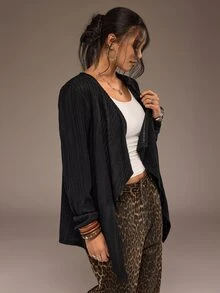 Freevana Black Ribbed Waterfall Cardigan, Open Front Longline Cozy Knit Draped Hem Autumn Layers Family Vacation Casual Western Office Business Wedding - Black - View 4