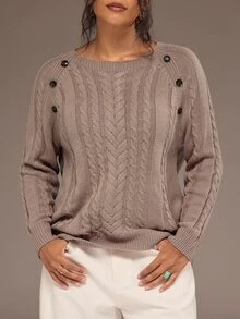 Freevana Women Casual Baggy Cable Knit Pullover Sweater Round Neck Button Shoulder Long Sleeve Jumper Tops Formal Going Out Vacation Brown Autumn - Dusty Purple - View 4