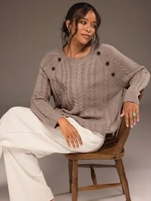 Freevana Women Casual Baggy Cable Knit Pullover Sweater Round Neck Button Shoulder Long Sleeve Jumper Tops Formal Going Out Vacation Brown Autumn - Dusty Purple - View 3