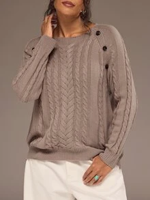 Freevana Women Casual Baggy Cable Knit Pullover Sweater Round Neck Button Shoulder Long Sleeve Jumper Tops Formal Going Out Vacation Brown Autumn - Dusty Purple - View 1