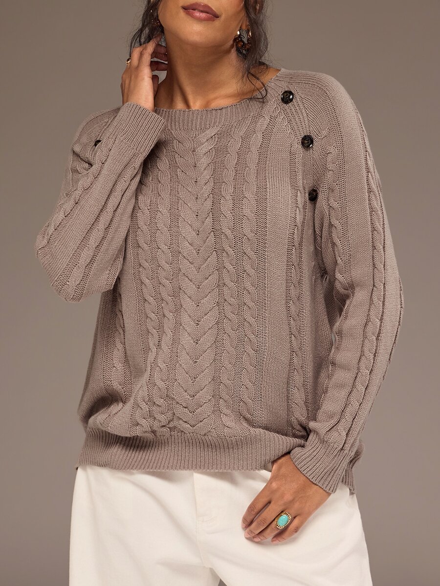 Freevana Women Casual Baggy Cable Knit Pullover Sweater Round Neck Button Shoulder Long Sleeve Jumper Tops Formal Going Out Vacation Brown Autumn - Dusty Purple - View 1