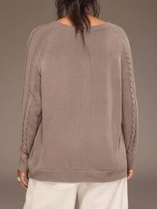 Freevana Women Casual Baggy Cable Knit Pullover Sweater Round Neck Button Shoulder Long Sleeve Jumper Tops Formal Going Out Vacation Brown Autumn - Dusty Purple - View 2
