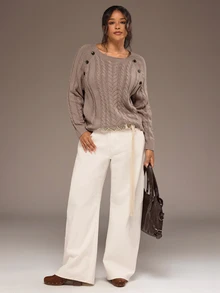 Freevana Women Casual Baggy Cable Knit Pullover Sweater Round Neck Button Shoulder Long Sleeve Jumper Tops Formal Going Out Vacation Brown Autumn - Dusty Purple - View 7