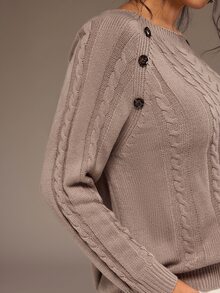Freevana Women Casual Baggy Cable Knit Pullover Sweater Round Neck Button Shoulder Long Sleeve Jumper Tops Formal Going Out Vacation Brown Autumn - Dusty Purple - View 8