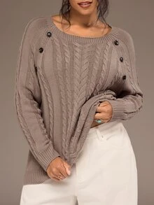 Freevana Women Casual Baggy Cable Knit Pullover Sweater Round Neck Button Shoulder Long Sleeve Jumper Tops Formal Going Out Vacation Brown Autumn - Dusty Purple - View 5