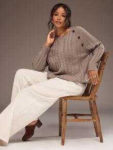 Freevana Women Casual Baggy Cable Knit Pullover Sweater Round Neck Button Shoulder Long Sleeve Jumper Tops Formal Going Out Vacation Brown Autumn - Dusty Purple - View 6