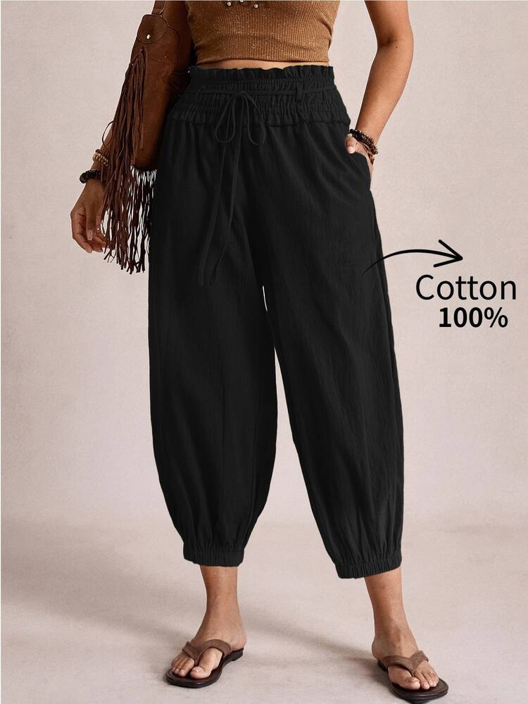 Freevana Plus Size Casual Lantern Pants Women, Black Autumn Boho Vacation Holiday, 100 Cotton Elastic High Wide Waistband 3/4 Pockets, Formal - Black - View 1