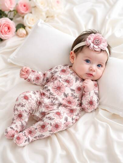 SHEIN Newborn Autumn/Winter Vintage Cute Kawaii Pastoral Floral Print Knit Contrast Color Envelope Collar Long Sleeve Footed Romper Light Pink Lounge