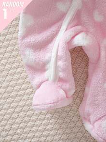 [5pcs Randomly Send 1pc]Autumn/Winter Hooded Plush Button Long Sleeve Long Pants Footed Bow Leopard Print Heart Colorful Floral Pattern Soft Comfortable One-Piece Pajamas Loungewear - Multicolor - View 4