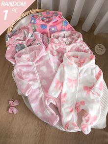[5pcs Randomly Send 1pc]Autumn/Winter Hooded Plush Button Long Sleeve Long Pants Footed Bow Leopard Print Heart Colorful Floral Pattern Soft Comfortable One-Piece Pajamas Loungewear - Multicolor - View 1
