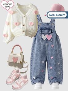 Playful Pals Baby Girl Heart Embroidery Flap Pocket Denim Overalls - Light Wash - View 2