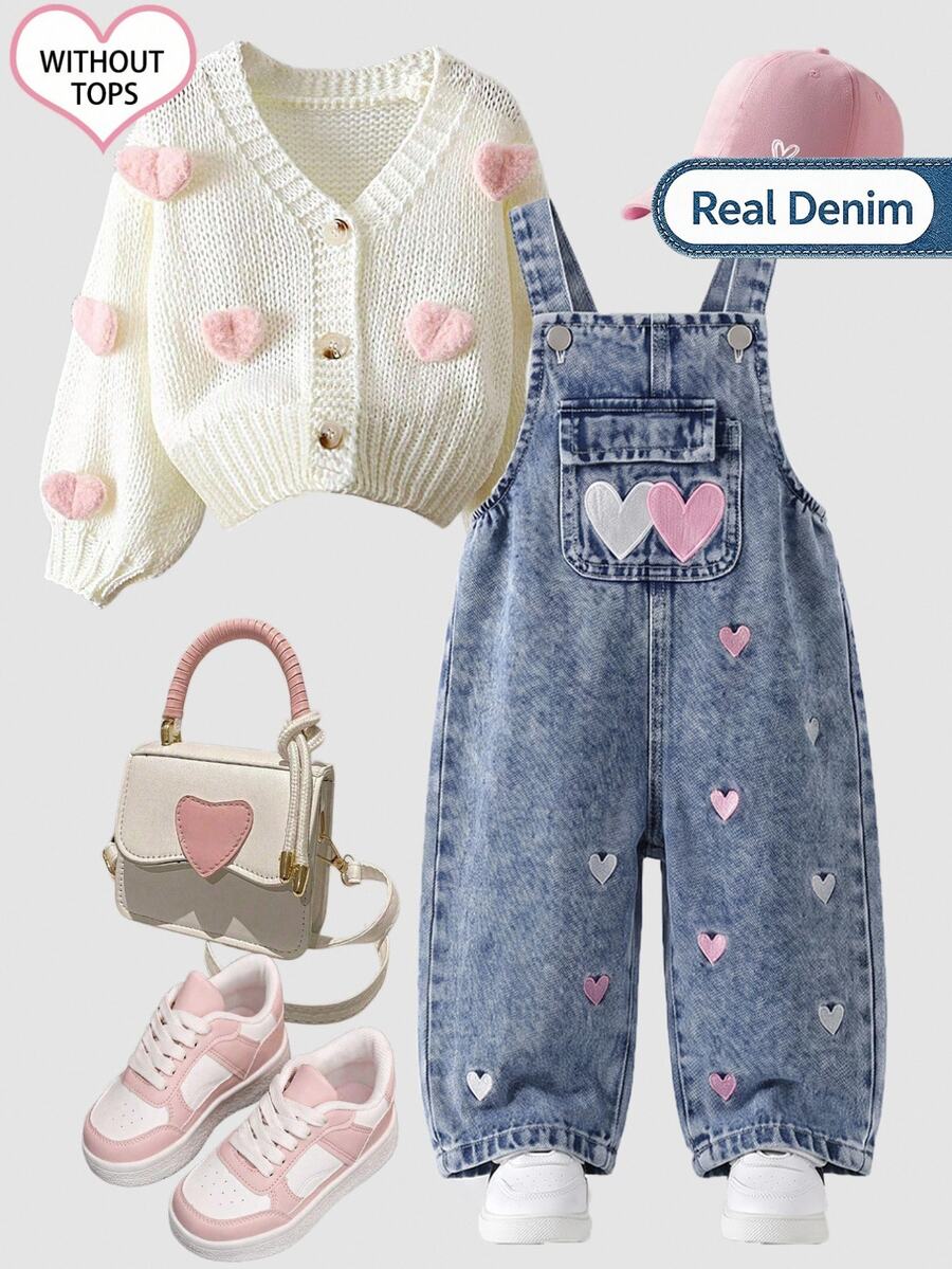 Playful Pals Baby Girl Heart Embroidery Flap Pocket Denim Overalls