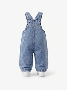 Playful Pals Baby Girl Heart Embroidery Flap Pocket Denim Overalls - Light Wash - View 3