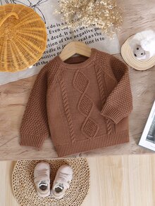 SHEIN Vintaside Kids 1 Stück Herbst/Winter Karamellfarbener Jungen Zopfstrick Pullover, Baby/Kleinkind Rundhals Raglan Langarm Vintage Zopf Weich Pullover Top, Baby Oberbekleidung Basisschicht Strickpullover - Kaffeebraun - Übersicht 4