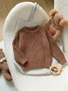 SHEIN Vintaside Kids 1 Stück Herbst/Winter Karamellfarbener Jungen Zopfstrick Pullover, Baby/Kleinkind Rundhals Raglan Langarm Vintage Zopf Weich Pullover Top, Baby Oberbekleidung Basisschicht Strickpullover - Kaffeebraun - Übersicht 5