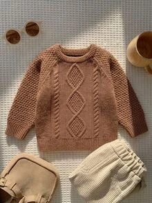SHEIN Vintaside Kids 1 Stück Herbst/Winter Karamellfarbener Jungen Zopfstrick Pullover, Baby/Kleinkind Rundhals Raglan Langarm Vintage Zopf Weich Pullover Top, Baby Oberbekleidung Basisschicht Strickpullover - Kaffeebraun - Übersicht 2