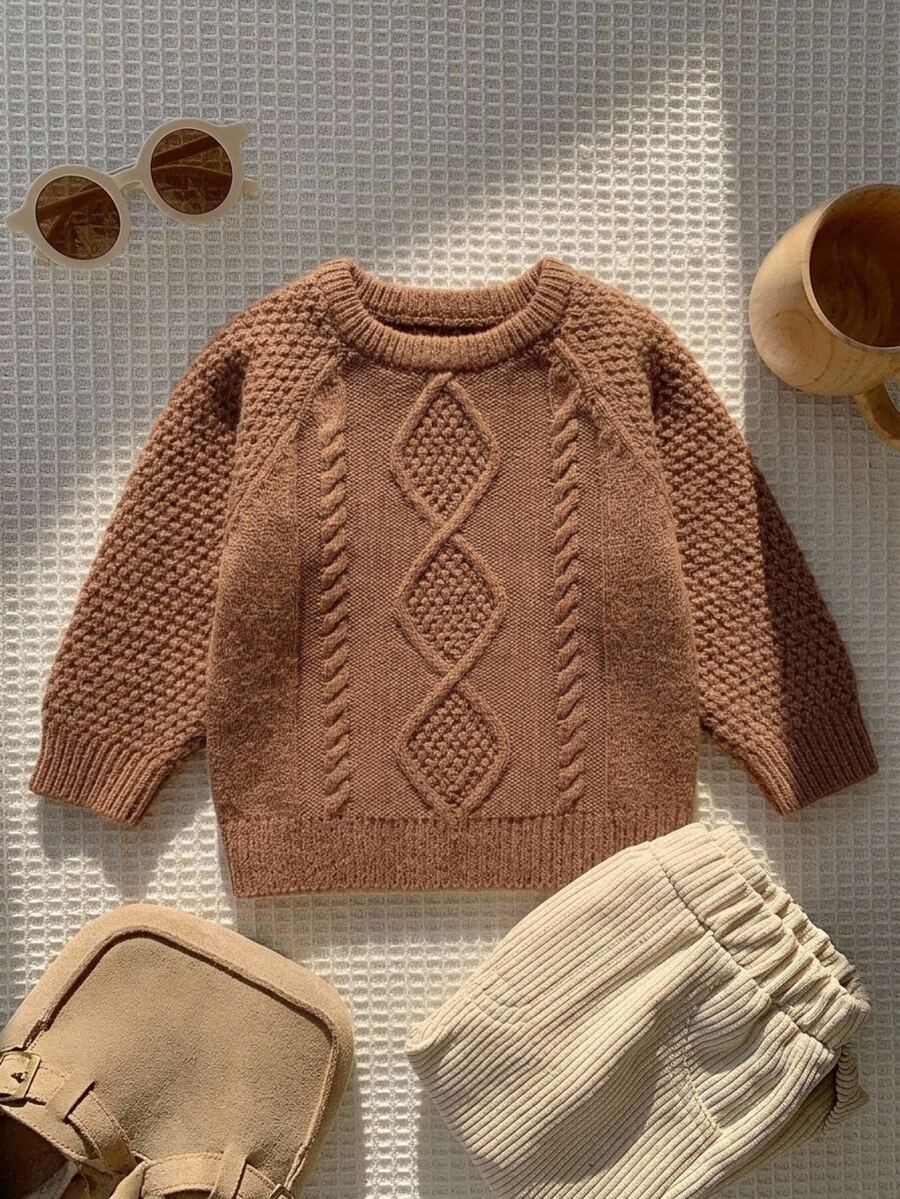 SHEIN Vintaside Kids 1 Stück Herbst/Winter Karamellfarbener Jungen Zopfstrick Pullover, Baby/Kleinkind Rundhals Raglan Langarm Vintage Zopf Weich Pullover Top, Baby Oberbekleidung Basisschicht Strickpullover