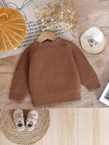 SHEIN Vintaside Kids 1 Stück Herbst/Winter Karamellfarbener Jungen Zopfstrick Pullover, Baby/Kleinkind Rundhals Raglan Langarm Vintage Zopf Weich Pullover Top, Baby Oberbekleidung Basisschicht Strickpullover - Kaffeebraun - Übersicht 3