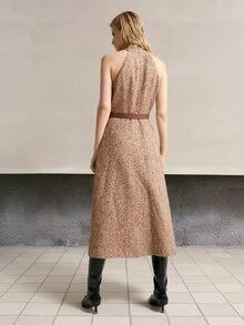 MOTF PREMIUM ELEGANT ASYMMETRIC LAPEL BELT DECOR WOOL BLEND TWILL MID-LENGTH DRESS - Brown - View 3