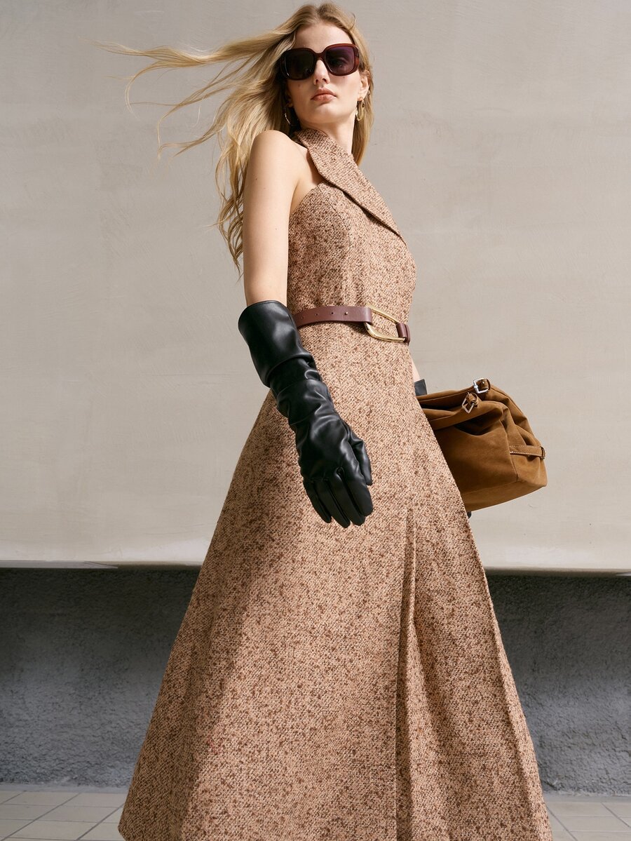 MOTF PREMIUM ELEGANT ASYMMETRIC LAPEL BELT DECOR WOOL BLEND TWILL MID-LENGTH DRESS - Brown - View 2