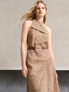 MOTF PREMIUM ELEGANT ASYMMETRIC LAPEL BELT DECOR WOOL BLEND TWILL MID-LENGTH DRESS - Brown - View 4