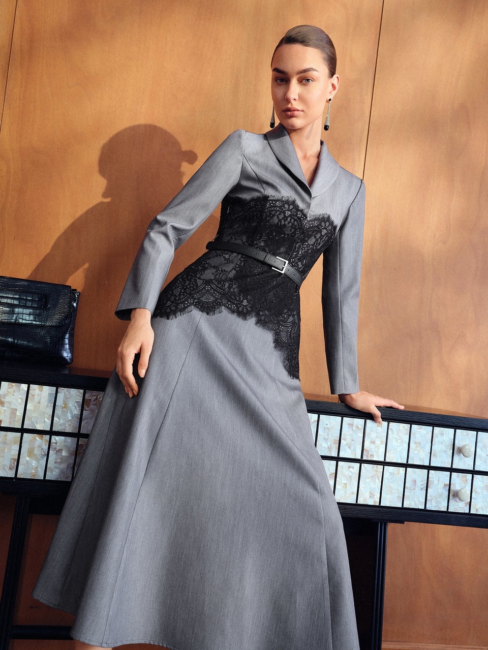 MOTF WOMEN'S GREY FLORAL ELEGANT MATURE DESIGN PROFESSIONAL LACE PATCHWORK FITTED MID-LENGTH DRESS