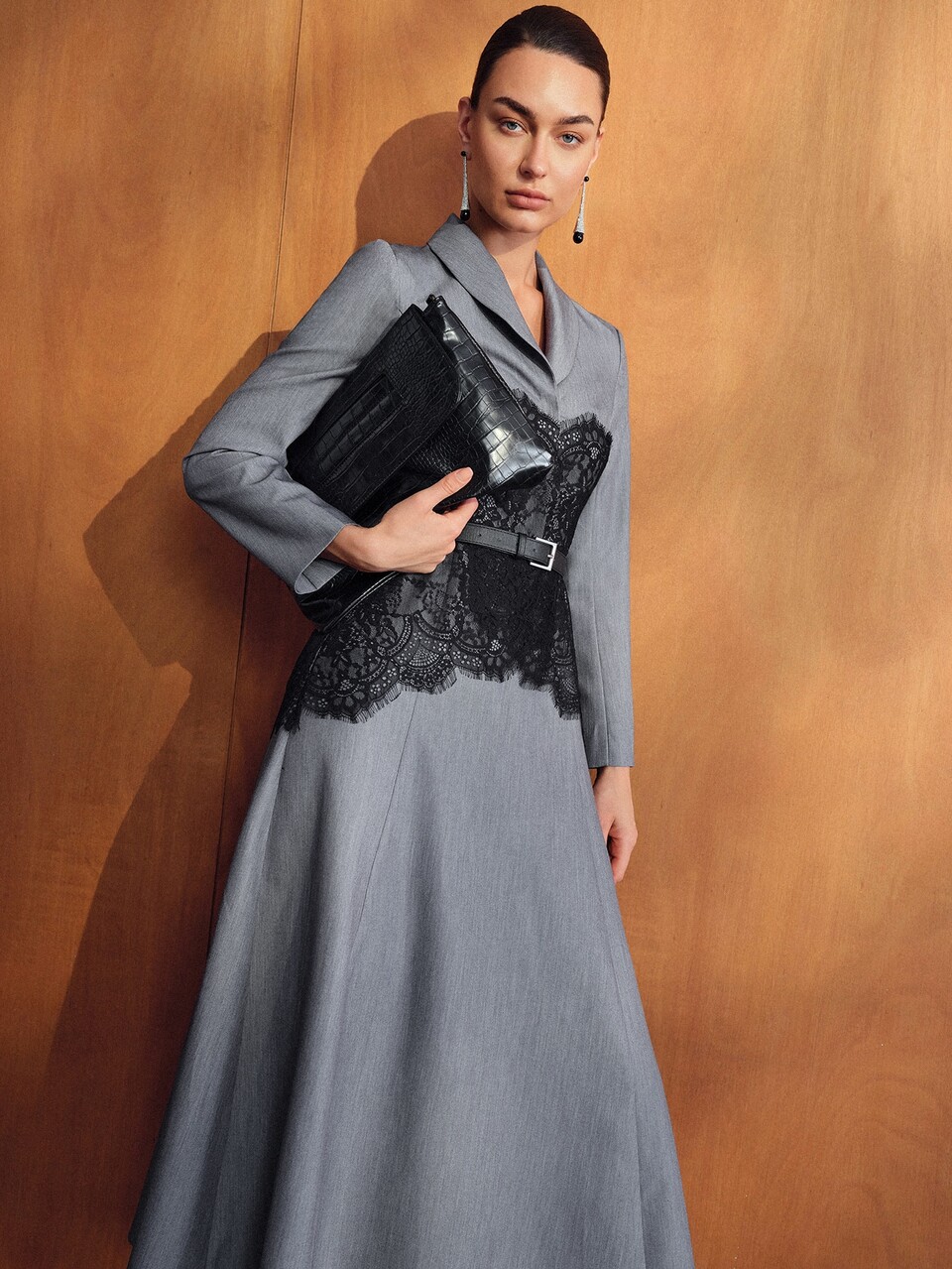 MOTF WOMEN'S GREY FLORAL ELEGANT MATURE DESIGN PROFESSIONAL LACE PATCHWORK FITTED MID-LENGTH DRESS