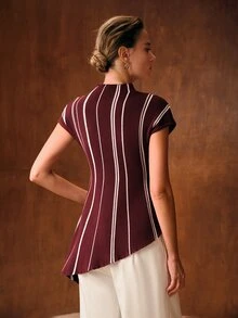 MOTF PREMIUM WOMEN'S COLORBLOCK STRIPED PATTERN FUNNEL NECK CAP SLEEVE ASYMMETRICAL HEM FITTED KNIT TOP - Burgundy - View 3