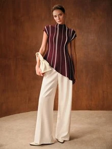MOTF PREMIUM WOMEN'S COLORBLOCK STRIPED PATTERN FUNNEL NECK CAP SLEEVE ASYMMETRICAL HEM FITTED KNIT TOP - Burgundy - View 1