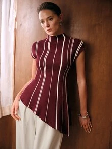 MOTF PREMIUM WOMEN'S COLORBLOCK STRIPED PATTERN FUNNEL NECK CAP SLEEVE ASYMMETRICAL HEM FITTED KNIT TOP - Burgundy - View 4