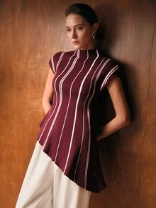 MOTF PREMIUM WOMEN'S COLORBLOCK STRIPED PATTERN FUNNEL NECK CAP SLEEVE ASYMMETRICAL HEM FITTED KNIT TOP - Burgundy - View 6