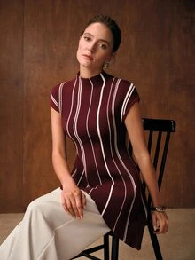 MOTF PREMIUM WOMEN'S COLORBLOCK STRIPED PATTERN FUNNEL NECK CAP SLEEVE ASYMMETRICAL HEM FITTED KNIT TOP - Burgundy - View 7