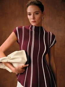 MOTF PREMIUM WOMEN'S COLORBLOCK STRIPED PATTERN FUNNEL NECK CAP SLEEVE ASYMMETRICAL HEM FITTED KNIT TOP - Burgundy - View 5