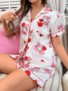 SweetSlumber طقم بيجامة نسائي من الساتان بطبعة قلب ونقاط بولكا وكرز وفيونكة، بياقة وأزرار أمامية، بتصميم حلو وكيوت وحيوي ومرح على ستايل Ins - أبيض - مشاهدة 6