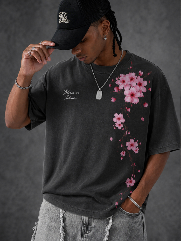 Manfinity EMRG Men's Oversized Cherry Blossom & Letter Graphic Print Short Sleeve T-Shirt, Black Japanese Streetwea - Black - View 2