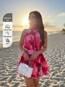 Auralis New Spring/Summer Sleeveless Mock Neck Brush Art Pink Floral Print Mesh Ruched Multi-Layer Hem Backless Women's Mini Dress For Holiday Beach - Red - View 1